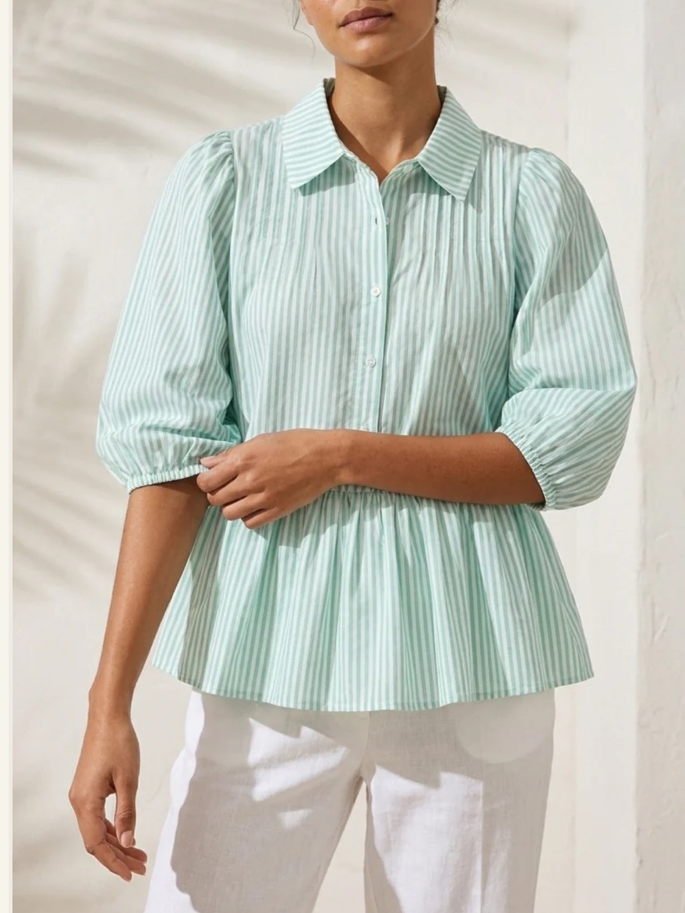 Striped Peplum Button-Front Top in Mint Green
Small NWT meet me in Santorini